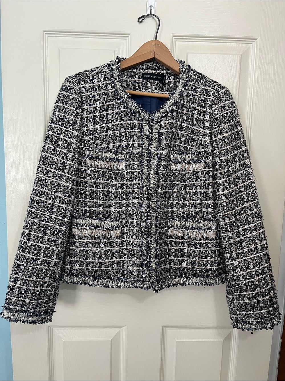 Stella + Lorenzo  Tweed Fringe Pearl Blazer Jacket Size M Avant-garde